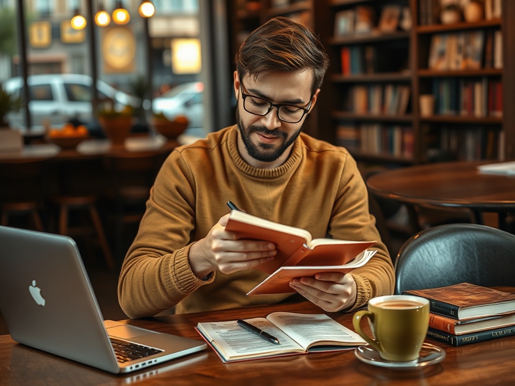 Молодой человек в кофейне читает книгу, перед ним ноутбук, блокнот и чашка кофе на столе.