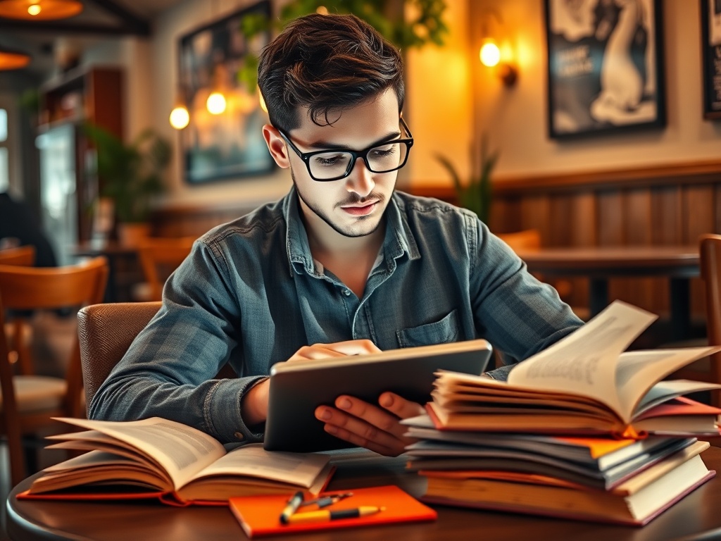 Молодой человек в очках изучает что-то на планшете, окружённый книгами в кафе.