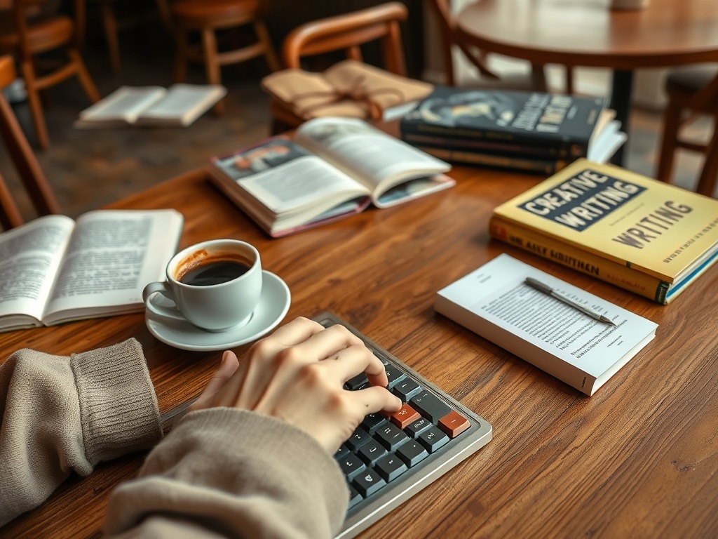 На столе стоят книги, чашка кофе, заметки и руки, печатающие на клавиатуре в уютном кафе.