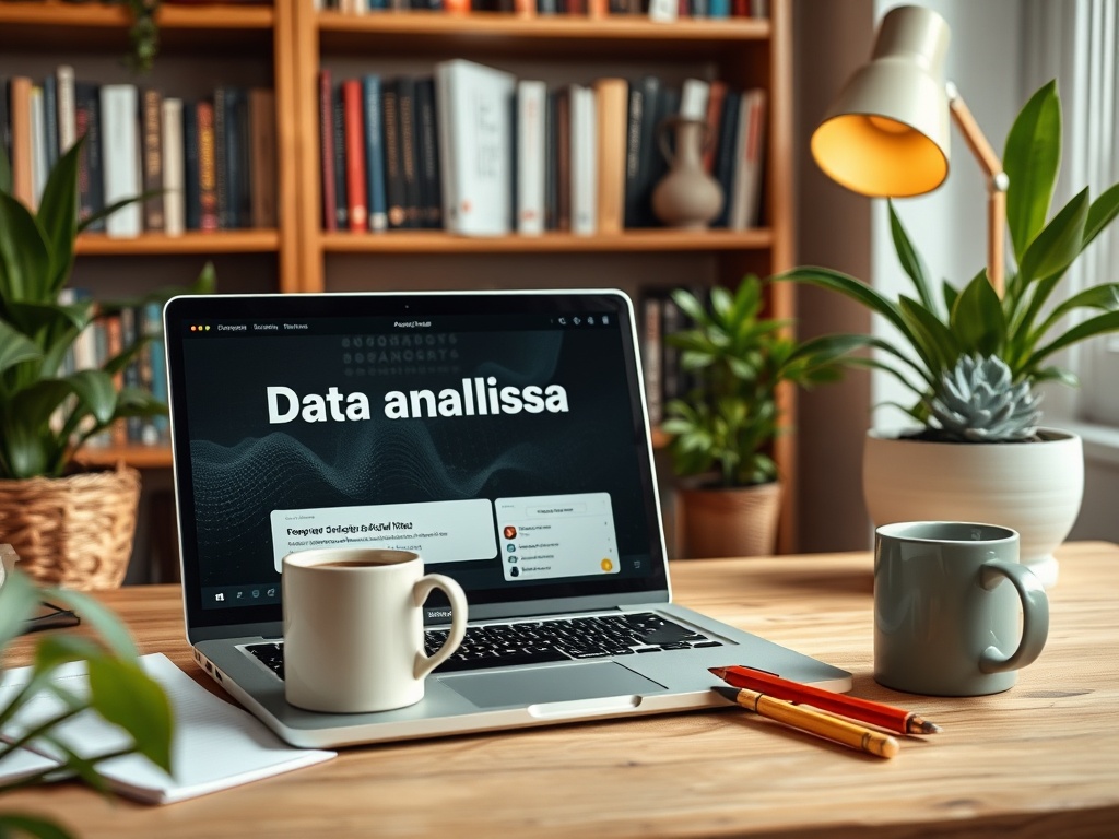 На столе стоит ноутбук с надписью "Data analissima", рядом чашки и канцелярские принадлежности.